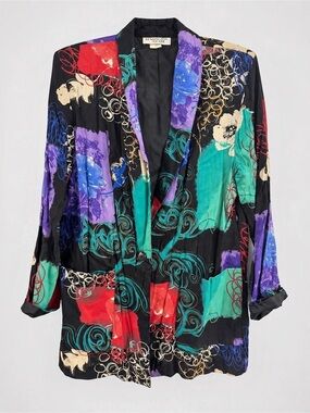 Vtg Kensington Square Abstract Floral Blazer Jacket Teal Purple Rayon Womens M